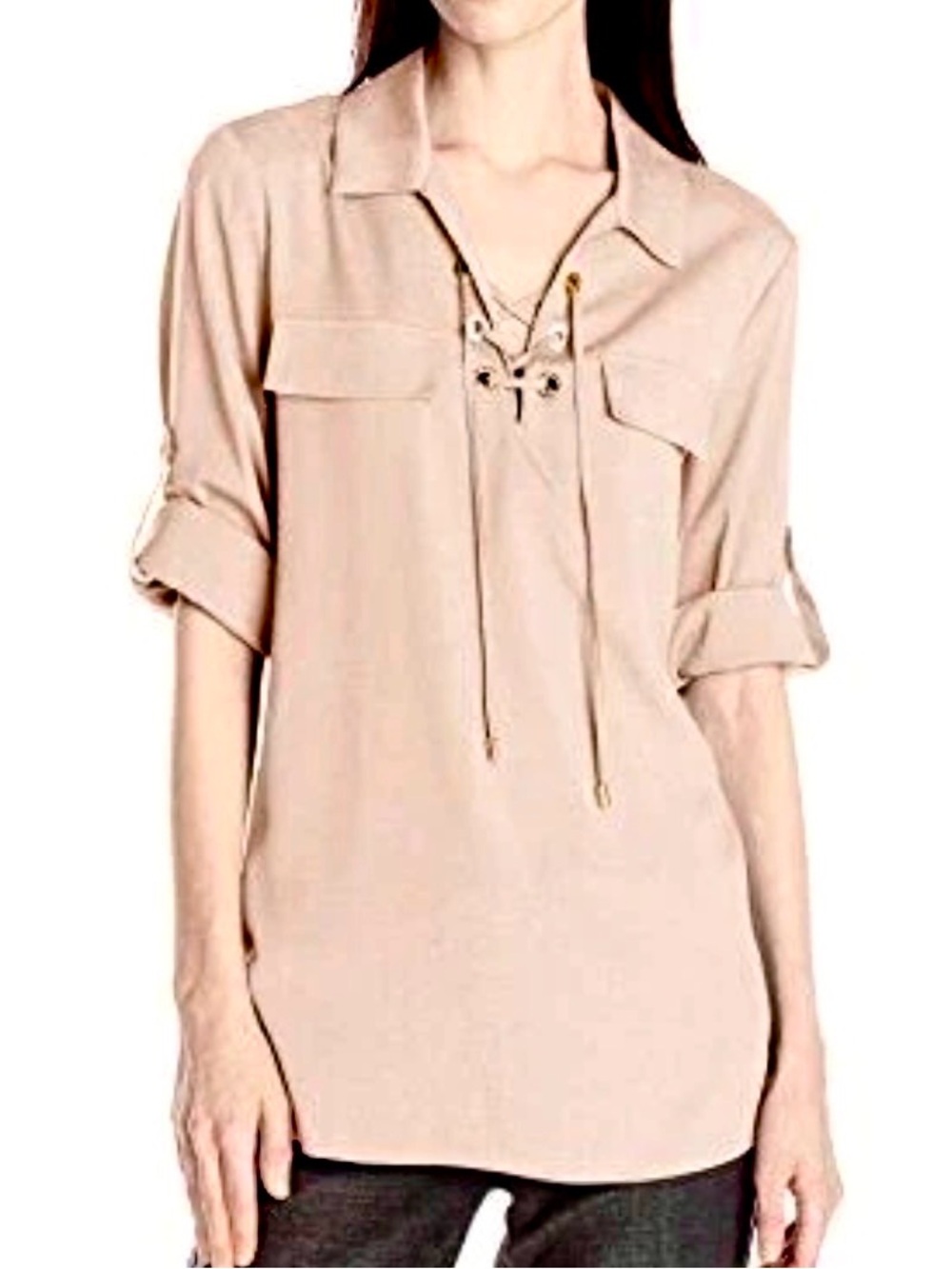 Calvin Klein Women's Modern Essential Lace-Up Pale Pink Blouse